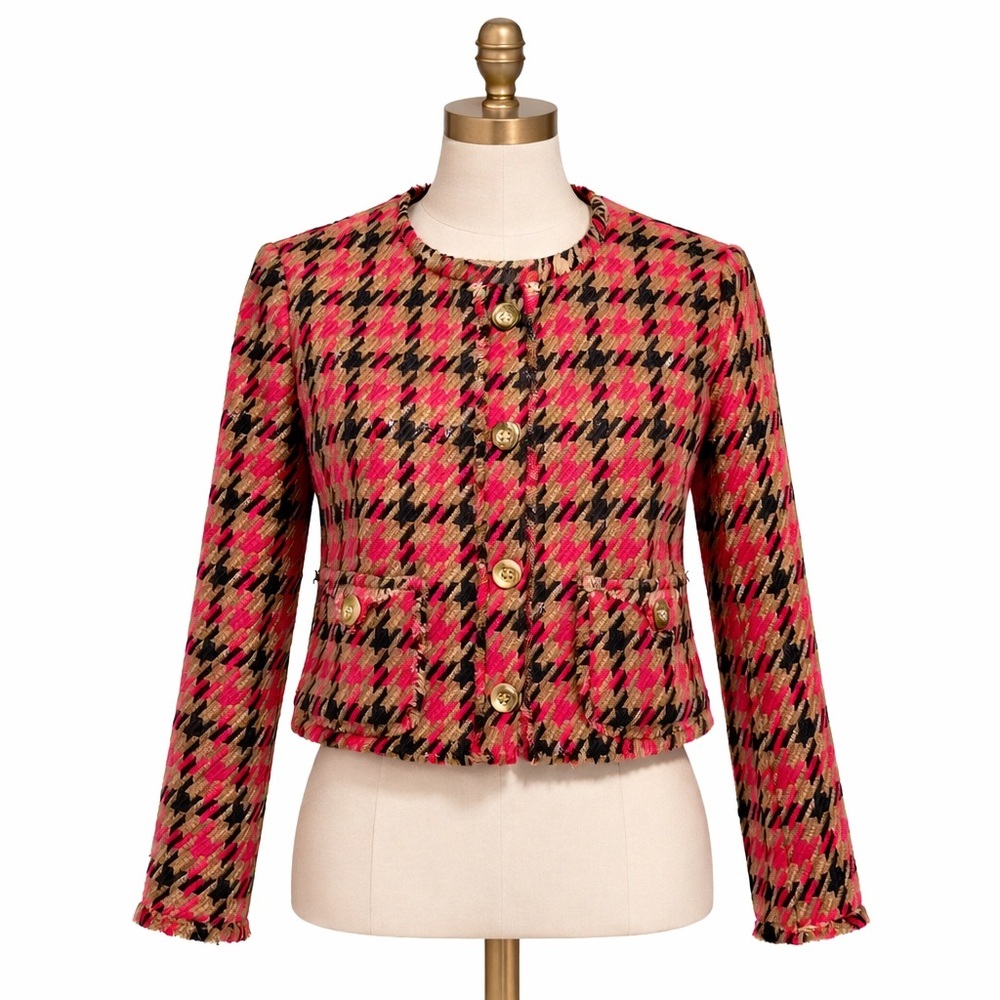Jones New York Signature Women Short Jacket BLAZER Sz 6P PLAID PINK/BLACK/TAN.‌